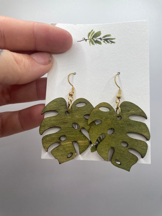 Wooden Monstera Earrings