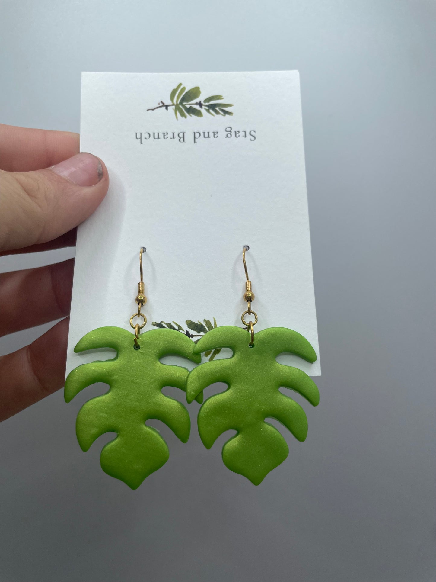 Green Monstera Clay Earrings