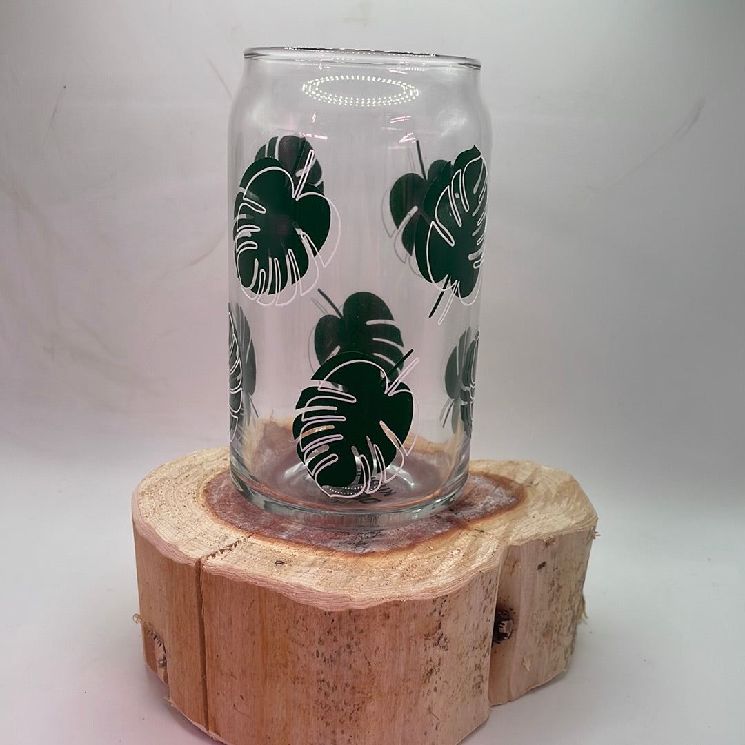 Monstera Pattern Glass 16 oz cup